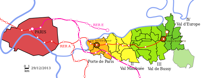 Carte des différents secteurs de Marne-la-Vallée